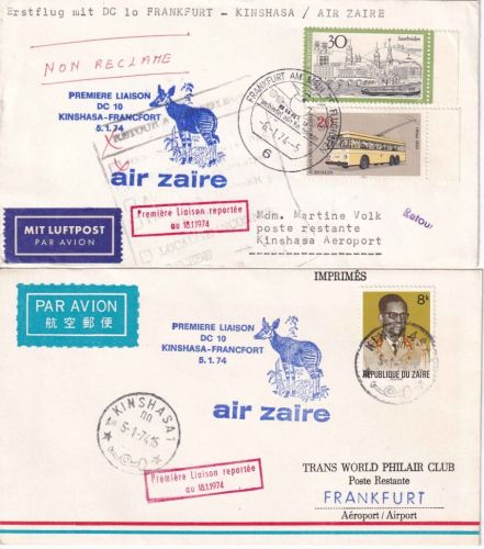 Zaire/BRD - Air Zaire Erstflug Frankfurt/Kinshasa 2 Luftpostbelege 1974