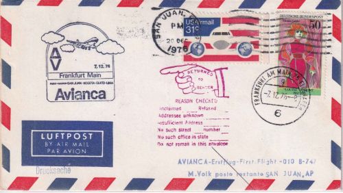 Zaire/USA - Avianca Erstflug Frankfurt/San Juan Luftpostbrief 1976