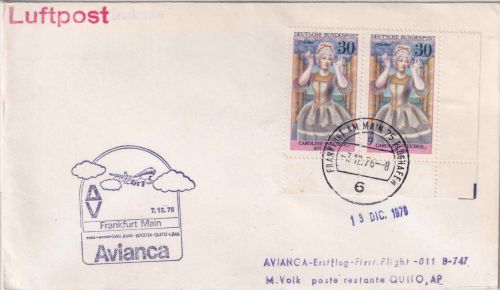 BRD - Avianca Erstflug Frankfurt/Quito Luftpostbrief 1976