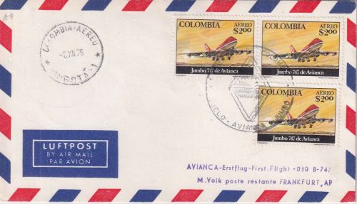 Kolumbien - Avianca Erstflug Bogota/Frankfurt Luftpostbrief 1976