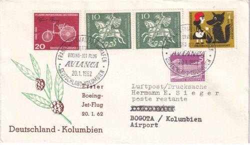 BRD - Avianca Erstflug Frankfurt/Bogota Luftpostbrief/Schmuckkuvert 1962