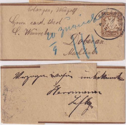 Bayern - 3 Pfg. Wappen Ganzsachen-Streifband Erlangen - Doberan 1897 Irrläufer