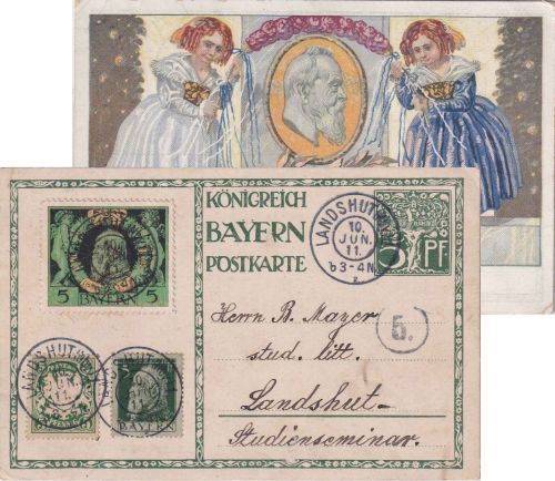 Bayern - 5 Pfg. Luitpold-Jubiläums-Ganzsache + Zusatz Landshut 10. JUN 11