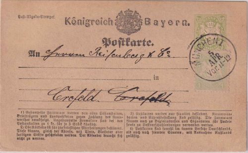 Bayern - 1 Kr. Wappen Ganzsachenkarte + Zusatz K1 München - Crefeld