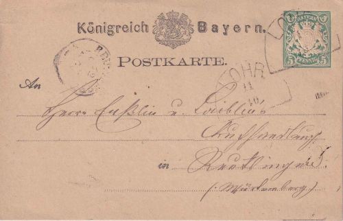 Bayern - 5 Pfg. Wappen Ganzsachenkarte HKS Lohr 11/10 - Reutlingen ca. 1878