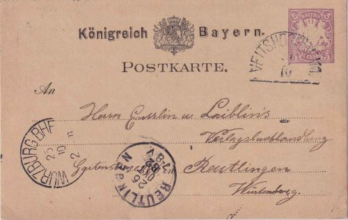 Bayern - 5 Pfg. Wappen Ganzsachenkarte HKS Veitshöchheim - Reutlingen 1882