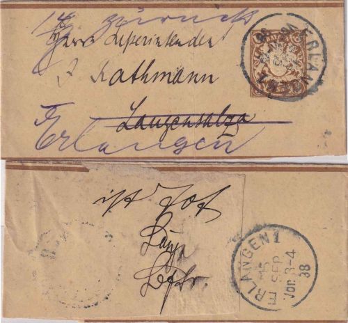 Bayern - 3 Pfg. Wappen Ganzsachen-Streifband Erlangen - Langensalza 1898 retour
