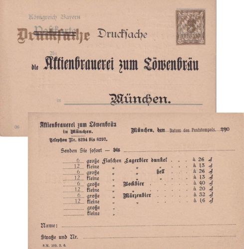 Bayern - 3/2 Pfg Rauten Ganzsachenkarte Privatzudruck Löwenbräu 1906 ungebraucht