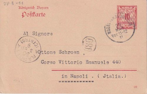 Bayern - 10 Pfg. Rauten Ganzsachekarte n. ITALIEN München 35 Justizpalast 1911