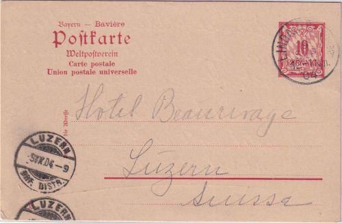 Bayern - 10 Pfg. Rauten Ganzsachenkarte i.d. SCHWEIZ Lindau - Luzern 1904