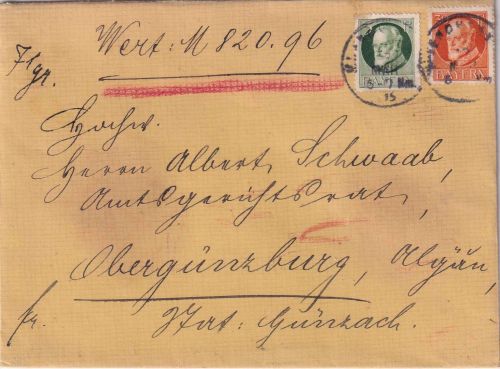 Bayern - 30+5 Pfg. Ludwig Friedensdruck Wertbrief München - Obergünzburg 1915