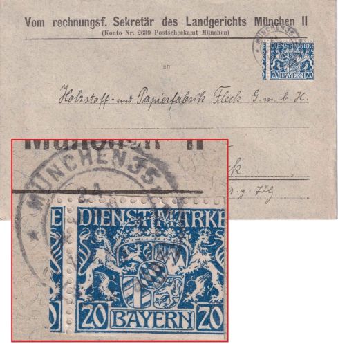 Bayern - 20 Pfg. Staatswappen stark verschnitten Dienstbrief München 35 1920