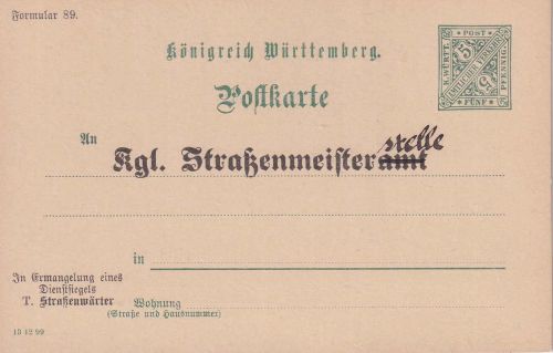 Württemberg - 5 Pfg. Dienstganzsache Zudruck Straßenmeisterei 1899 ungerbaucht
