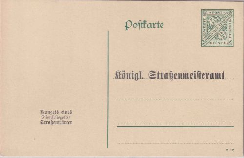Württemberg - 5 Pfg. Dienstganzsache Zudruck Straßenmeisteramt 1912 ungebraucht