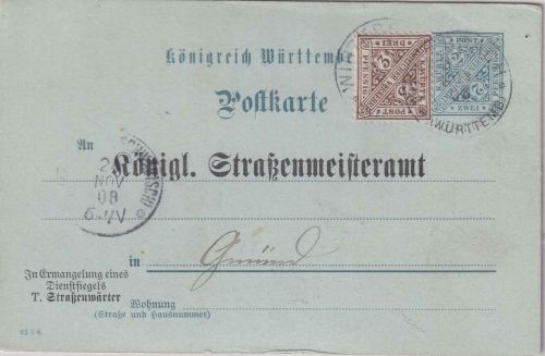 Württemberg - 2 Pfg. Dienstganzsache+Zusatz Zudruck Straßenmeisteramt 1908
