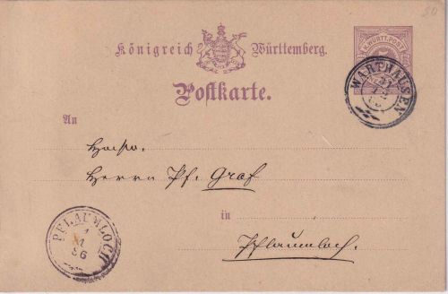 Württemberg - Warthausen 31.12.1885 K3 5 Pfg. Ganzsachenkarte n. Pflaumloch