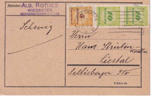 DR-Infla - 2x10+5 Mrd. Korbdeckel gez./dst Karte i.d. SCHWEIZ Wiesbaden 19.11.23