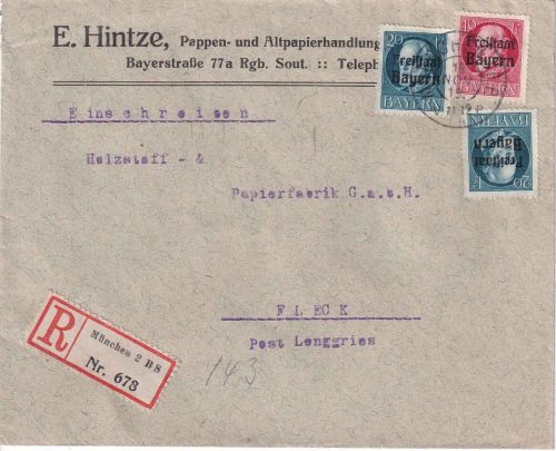Bayern - 2x20+10 Pfg. Ludwig/Freistaat Einschreibebrief München - Fleck 18.11.19