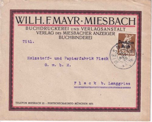 DR-Infla - 40 Pfg. By-Abschied/DR illustr. Firmenbrief Miesbach 14.8.20