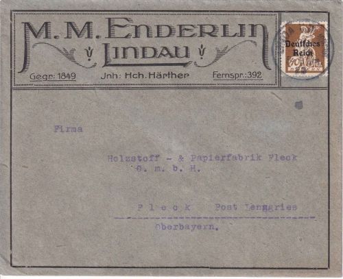 DR-Infla - 40 Pfg. By-Abschied/DR Firmenbrief Lindau - Fleck b. Lenggries 1920