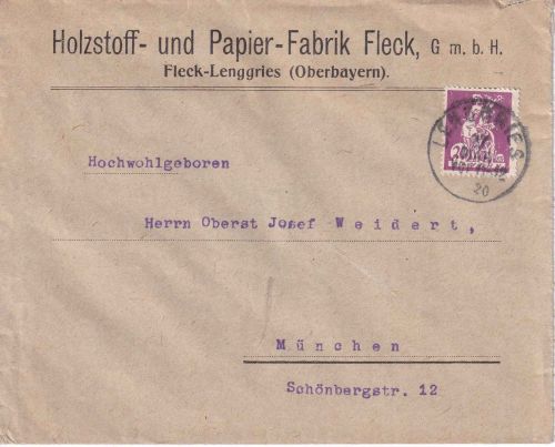 Bayern - 20 Pfg. By-Abschied Firmenbrief Lenggries (Fleck) - München 27.3.20
