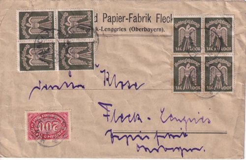 DR-Infla - 8x100 M. Holztaube ua. Firmenbrief München - Lenggries (Fleck) 5.8.23