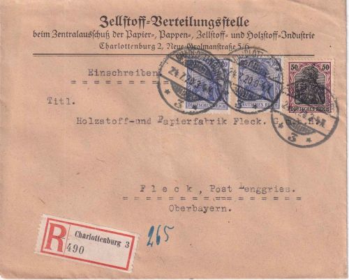 DR - 50+2x20 Pfg. Germania Einschreibebrief Charlottenburg 3 24.7.20