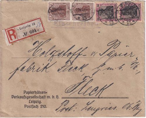 DR - 2x50+2x5 Pfg Germania Einschreibebrief Leipzig 13 - Fleck b. Lenggries 1920