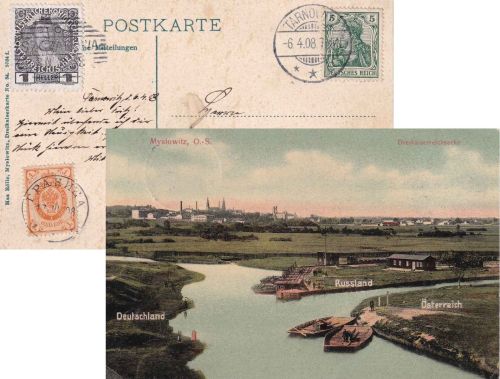 DR/Österreich/Russland - Myslowitz Dreikaiserecke AK 3-Länder-Frankatur 1908