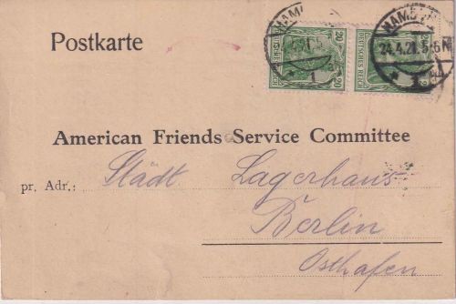 DR - 2x20 Pfg. Germania Fernkarte (Vordruck !) Hamburg - Berlin Osthafen 1921