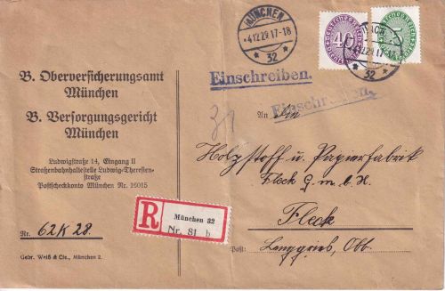 DR - 40+5 Pfg. Strohhut Einschreibebrief München 32 - Lenggries (Fleck) 1929