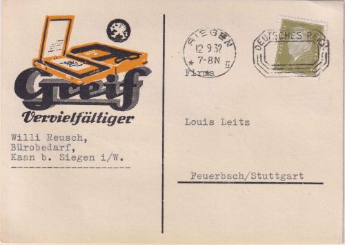 DR - Siegen 1932 aptierter Postfreistempel illustr. Firmenkarte n. Feuerbach