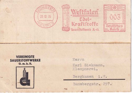 DR - Münster 1935 3 Pfg. AFS "Westfalen - Edelkraftstoffe" Drucksachenkarte