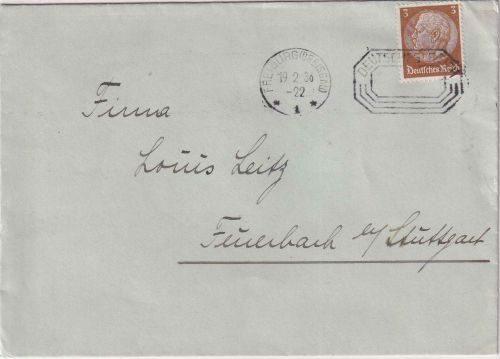 DR - Freiburg 1936 aptierter Postfreistempel Drucksachenbrief n. Feuerbach
