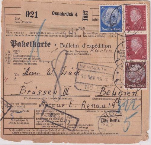 DR - 2x60 Pfg. Ebert u.a. Paketkarte n. BELGIEN Osnabrück - Brüssel 1931