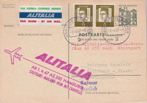 BRD - Alitalia Erstflug Hamburg/Stuttgart Lupo-Ganzsachenkarte 1967