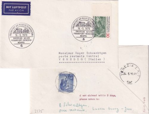 BRD - Alitalia Erstflug Frankfurt/Venedig Lupo-Brief lux. Postlagergebühr 1970