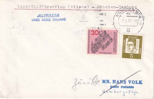 BRD - Alitalia Erstflug München/Hamburg Luftpostbrief 1965