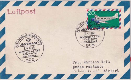 BRD - Alitalia Erstflug Köln/Mailand Luftpostkartef + SST Porz 1969