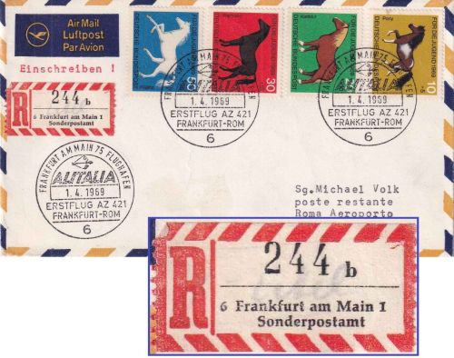 BRD - Alitalia Erstflug Frankfurt/Rom Lupo-Einschreibebrief + SST FFM 1969