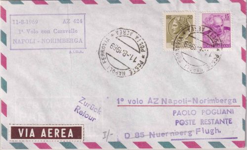 Italien - Alitalia Erstflug Neapel/Nürnberg Luftpostbrief 1969 Retourstempel