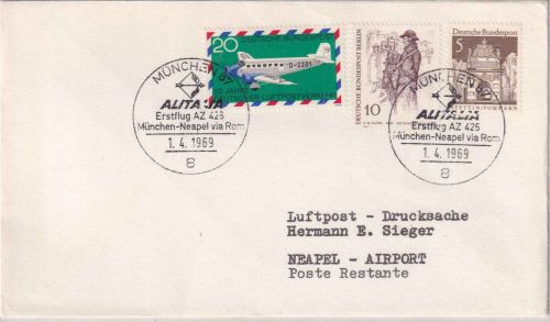 BRD - Alitalia Erstflug München/Neapel Luftpostbrief SST München 1969