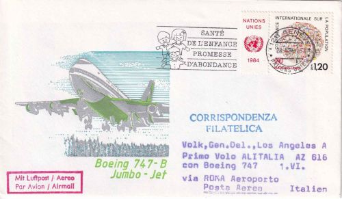 UNO Genf - Alitalia Erstflug Rom/Los Angeles Zuleitungspost Schmuckbrief 1984