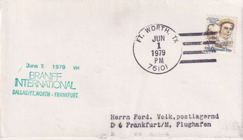 USA - BRANIFF Erstflug Dallas Ft. Worth/Frankfurt Luftpostbrief 1979