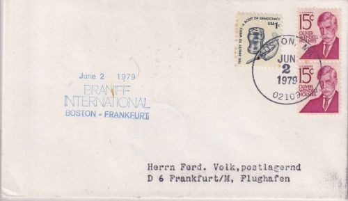 USA - BRANIFF Erstflug Boston GPO/Frankfurt Luftpostbrief 1979
