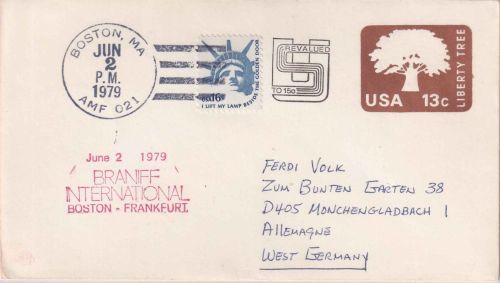 USA - BRANIFF Erstflug Boston AMF/Frankfurt Luftpostbrief 1979
