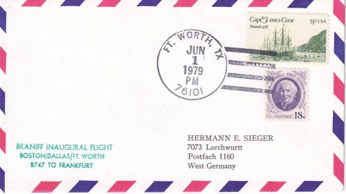 USA - BRANIFF Erstflug Boston Ft. Worth/Frankfurt Luftpostbrief 1979