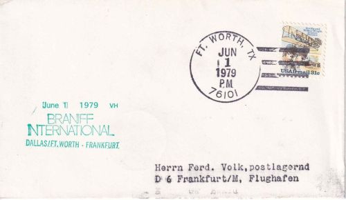 USA - BRANIFF Erstflug Boston Ft. Worth/Frankfurt Luftpostbrief 1979