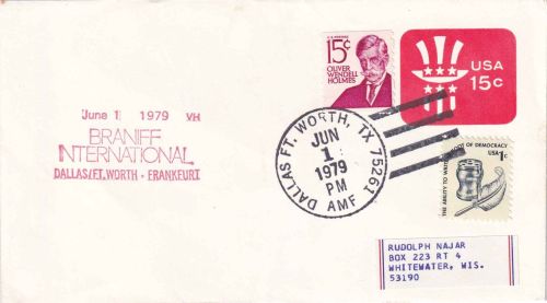 USA - BRANIFF Erstflug Dallas Ft. Worth/Frankfurt Luftpostbrief 1979