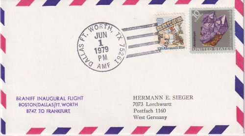 USA - BRANIFF Erstflug Dallas Ft. Worth/Frankfurt Luftpostbrief 1979